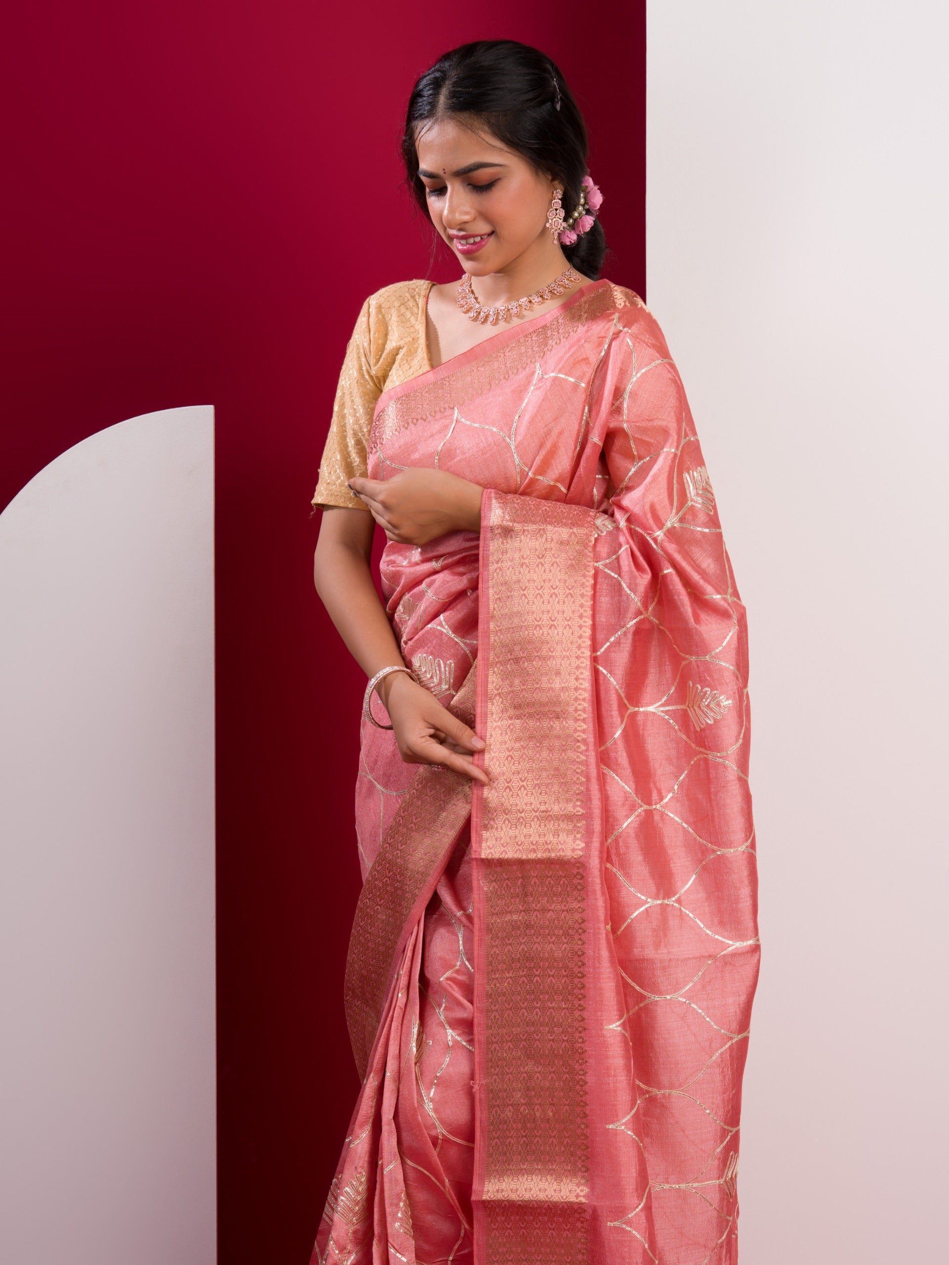 Tanmira New Cotton Silk Gotapatti Work Saree Peach