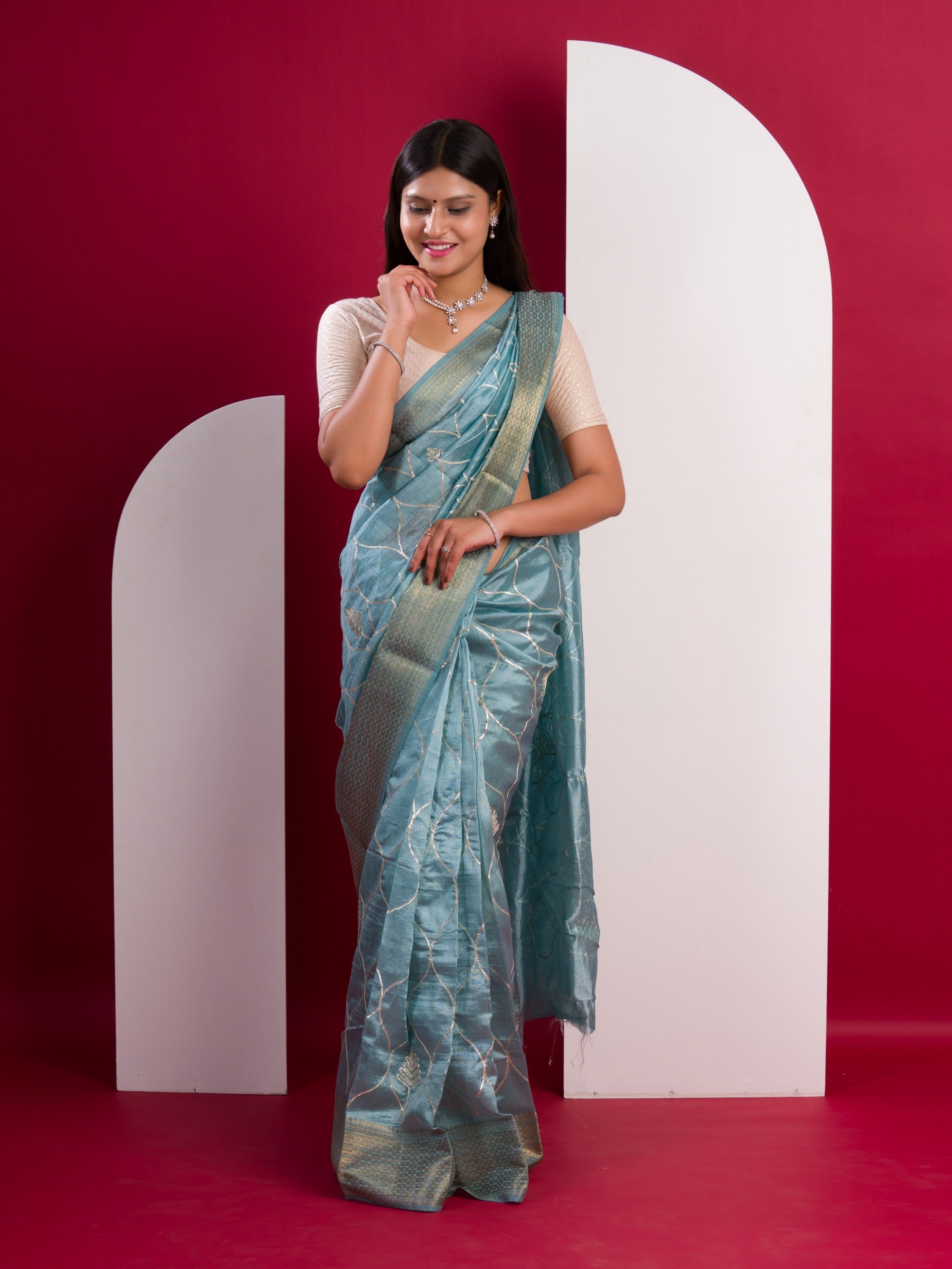 Tanmira New Cotton Silk Gotapatti Work Saree Sky Blue
