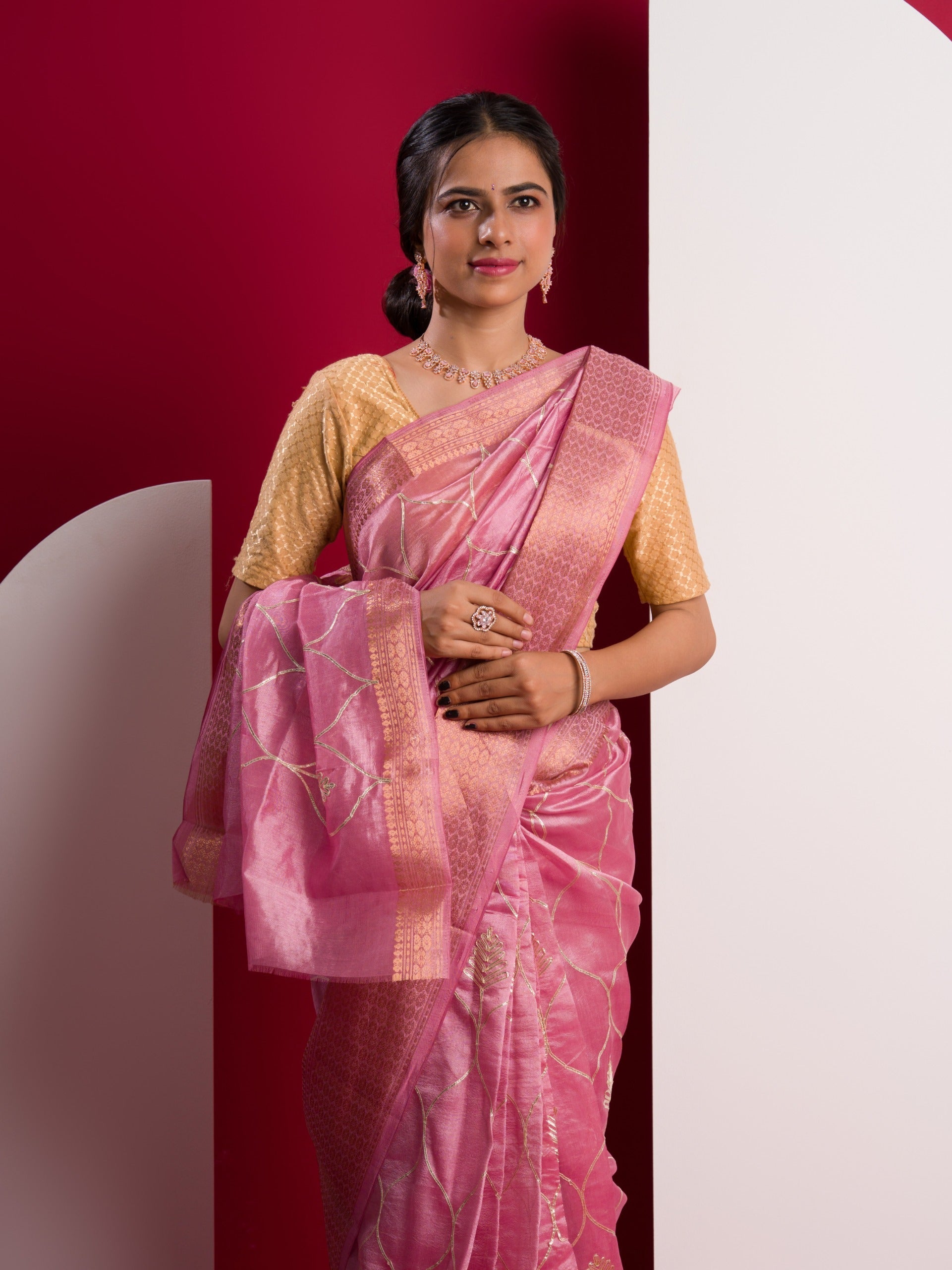 Tanmira New Cotton Silk Gota patti Work Saree Pink