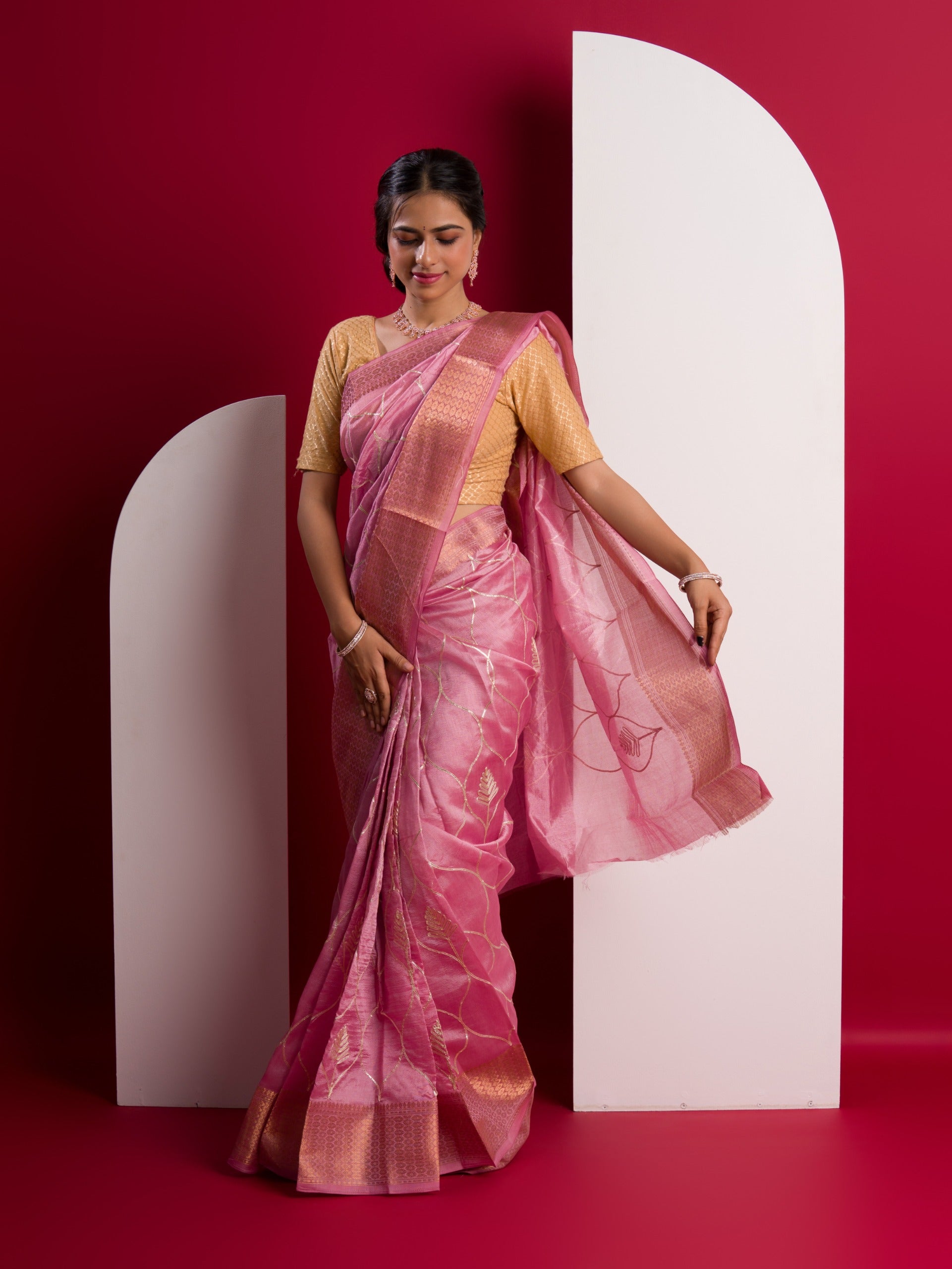 Tanmira New Cotton Silk Gota patti Work Saree Pink