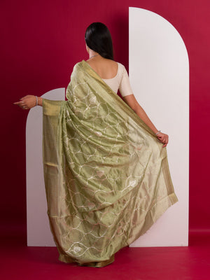 Cotton Silk Gotapatti Work Saree in Pista under 1000