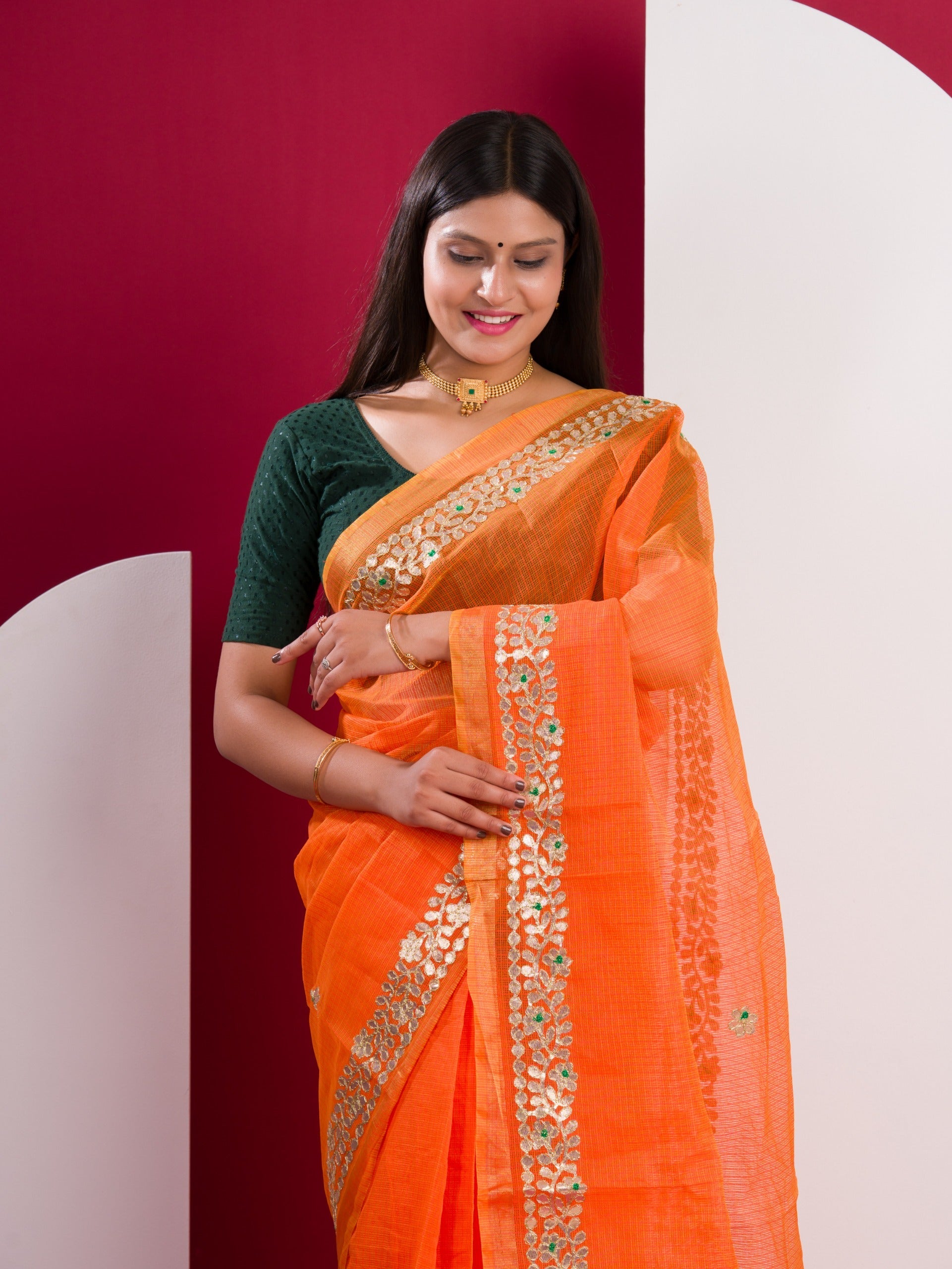 Tanmira Pure Kota doria cotton with Gota patti work saree Orange