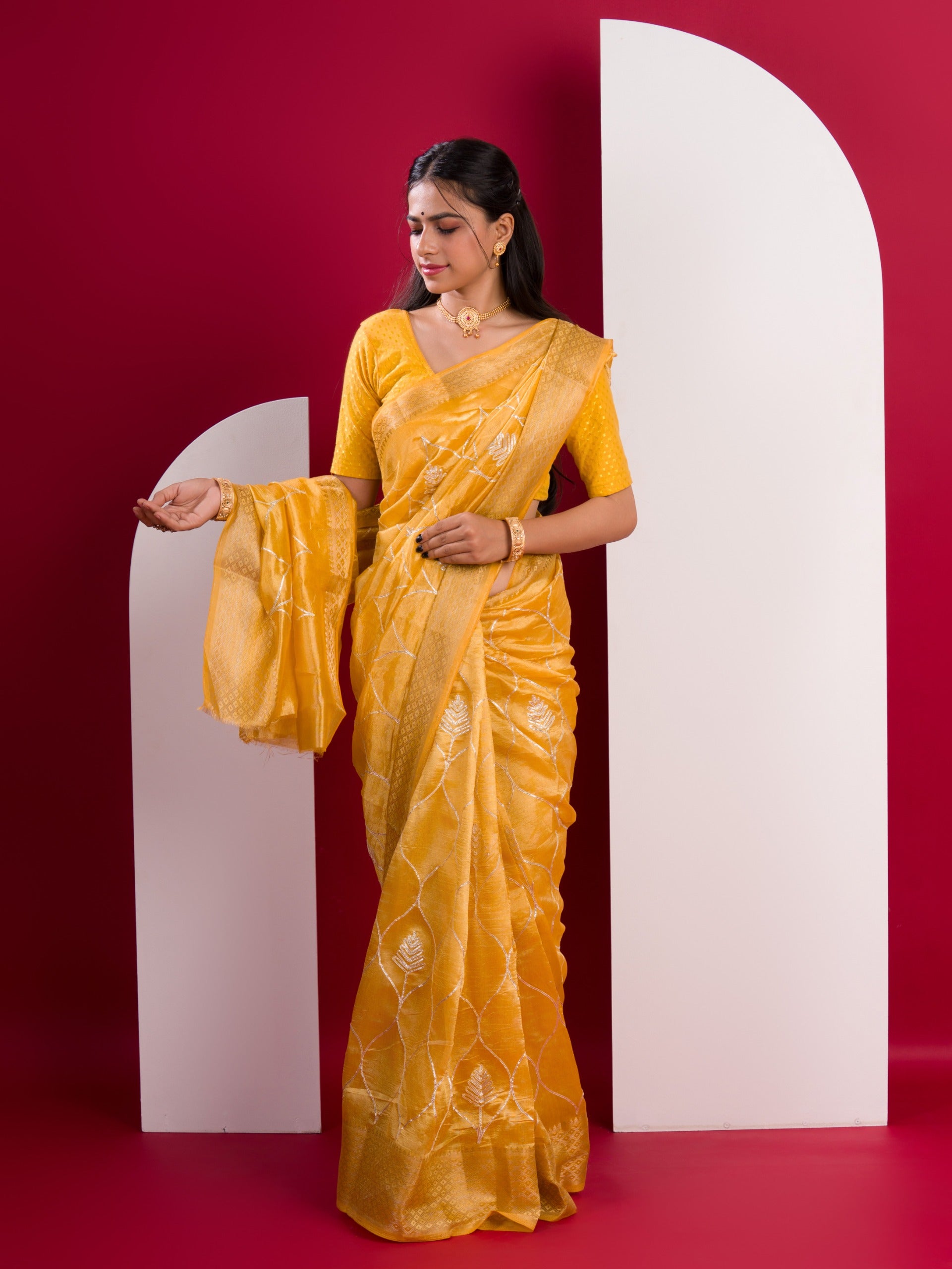 Tanmira New Cotton Silk Gotapatti Work Saree Yellow
