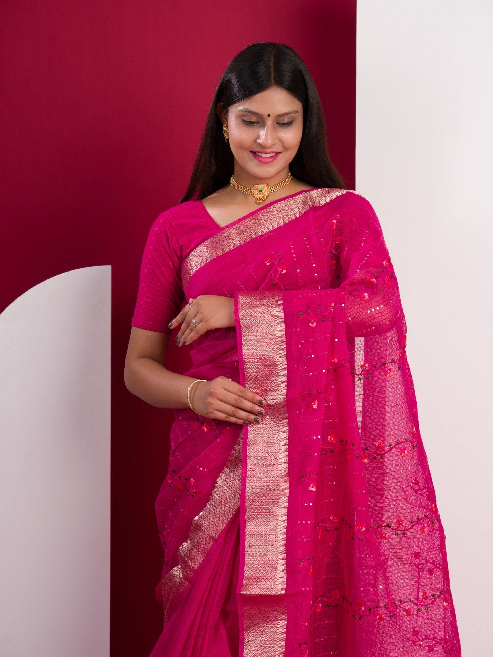 Tanmira Kota Doria Kashida Work Gotapatti Style Bikaneri Saree SNA Rani