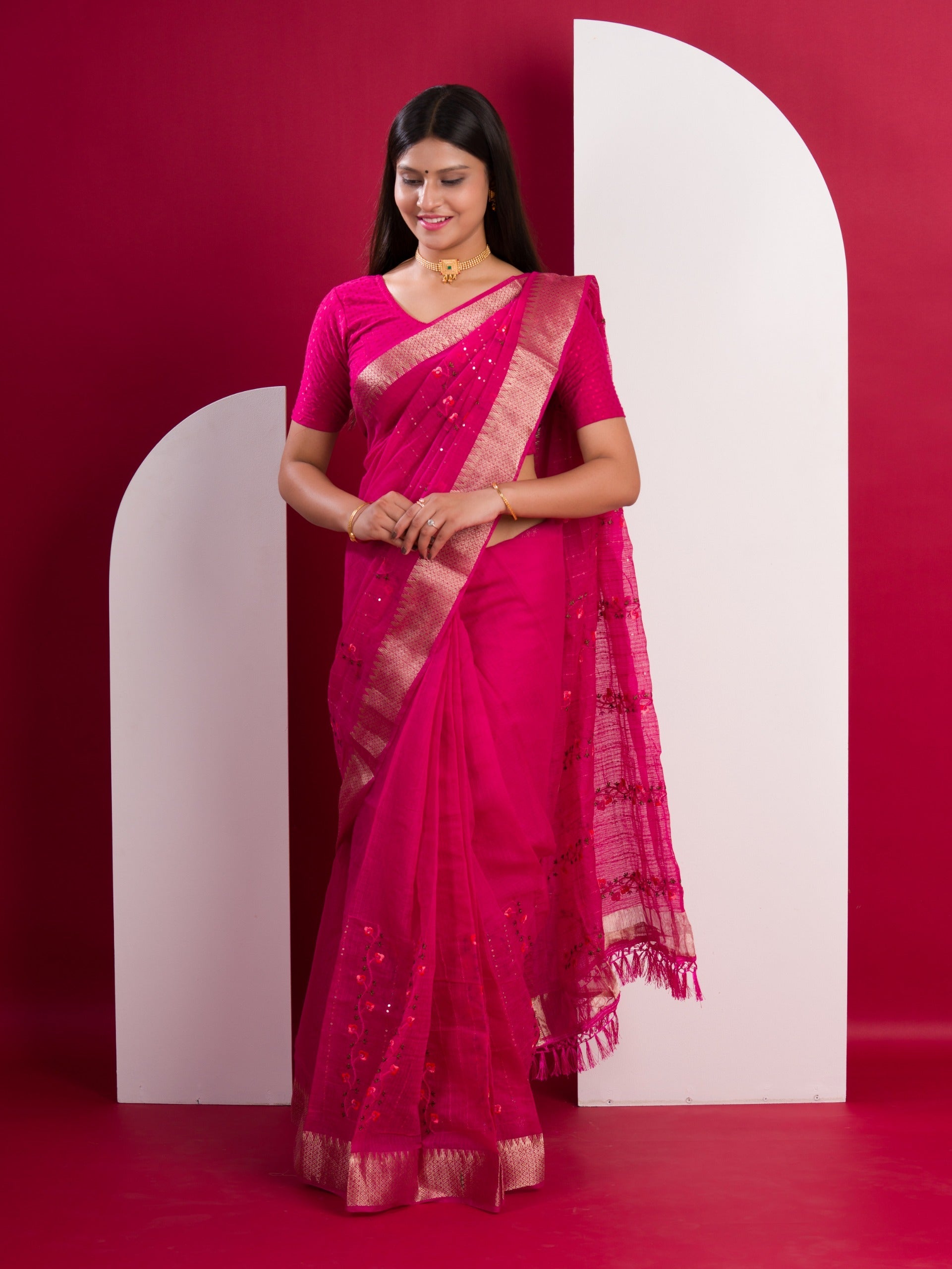 Tanmira Kota Doria Kashida Work Gotapatti Style Bikaneri Saree SNA Rani