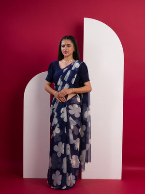 Georgette Flower Printed Style Saree in blue colour under 1000