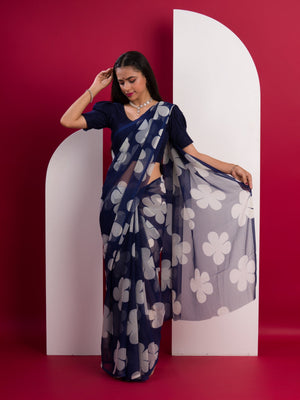 Georgette Flower Printed Style Saree in blue colour under 1000