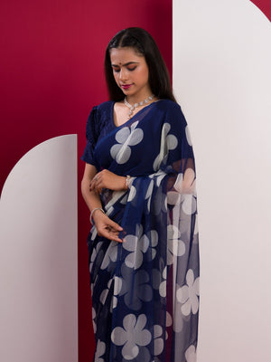 Georgette Flower Printed Style Saree in blue colour under 1000