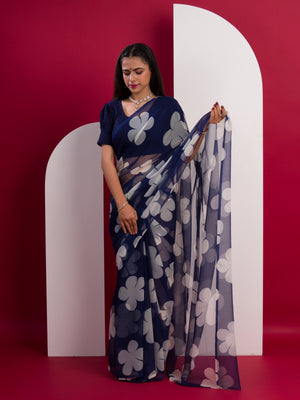 Georgette Flower Printed Style Saree in blue colour under 1000