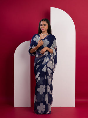 Georgette Flower Printed Style Saree in blue colour under 1000