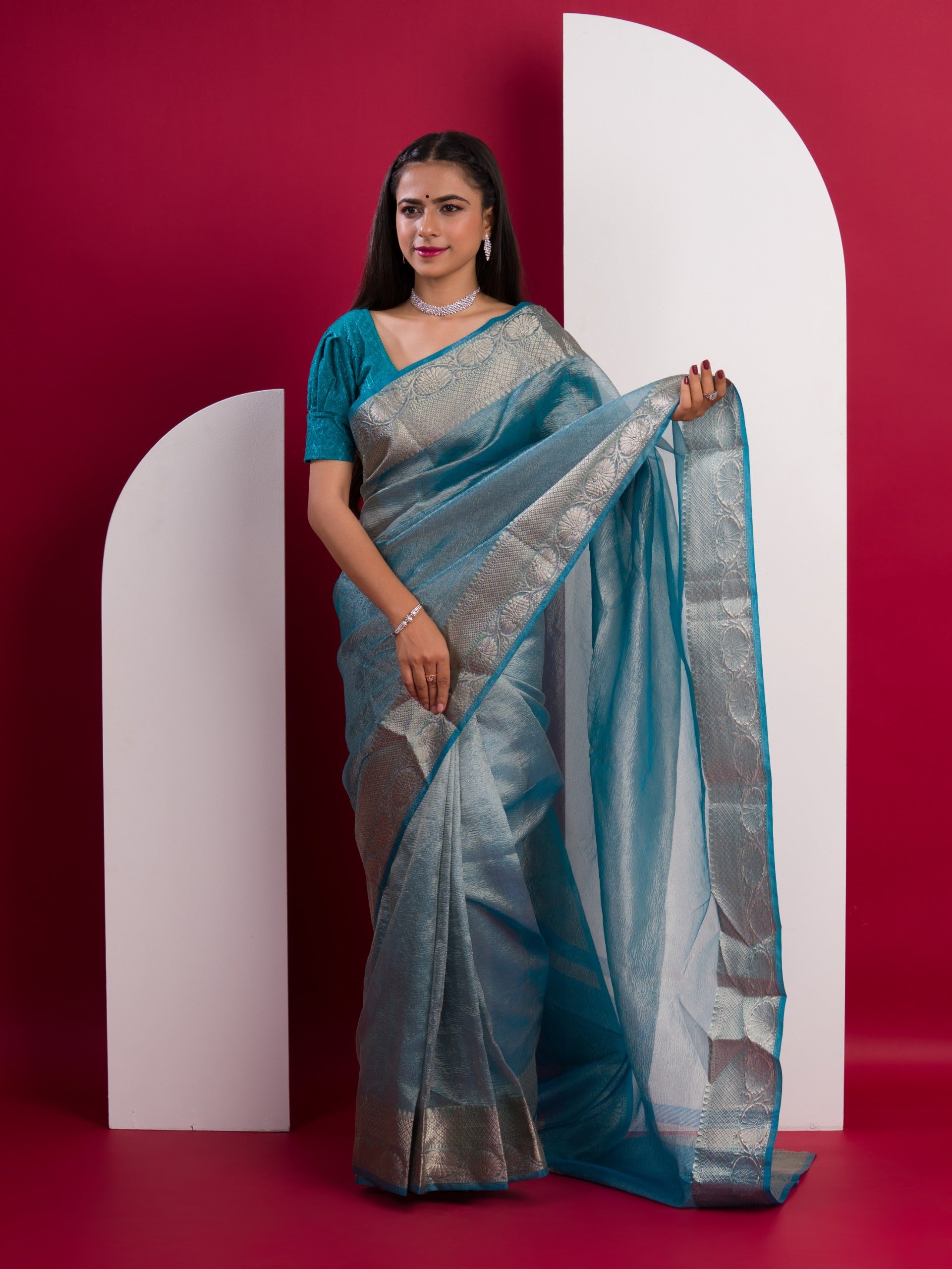 Tanmira New pure Tissue Silk Banarasi Handloom Zari Border saree INA