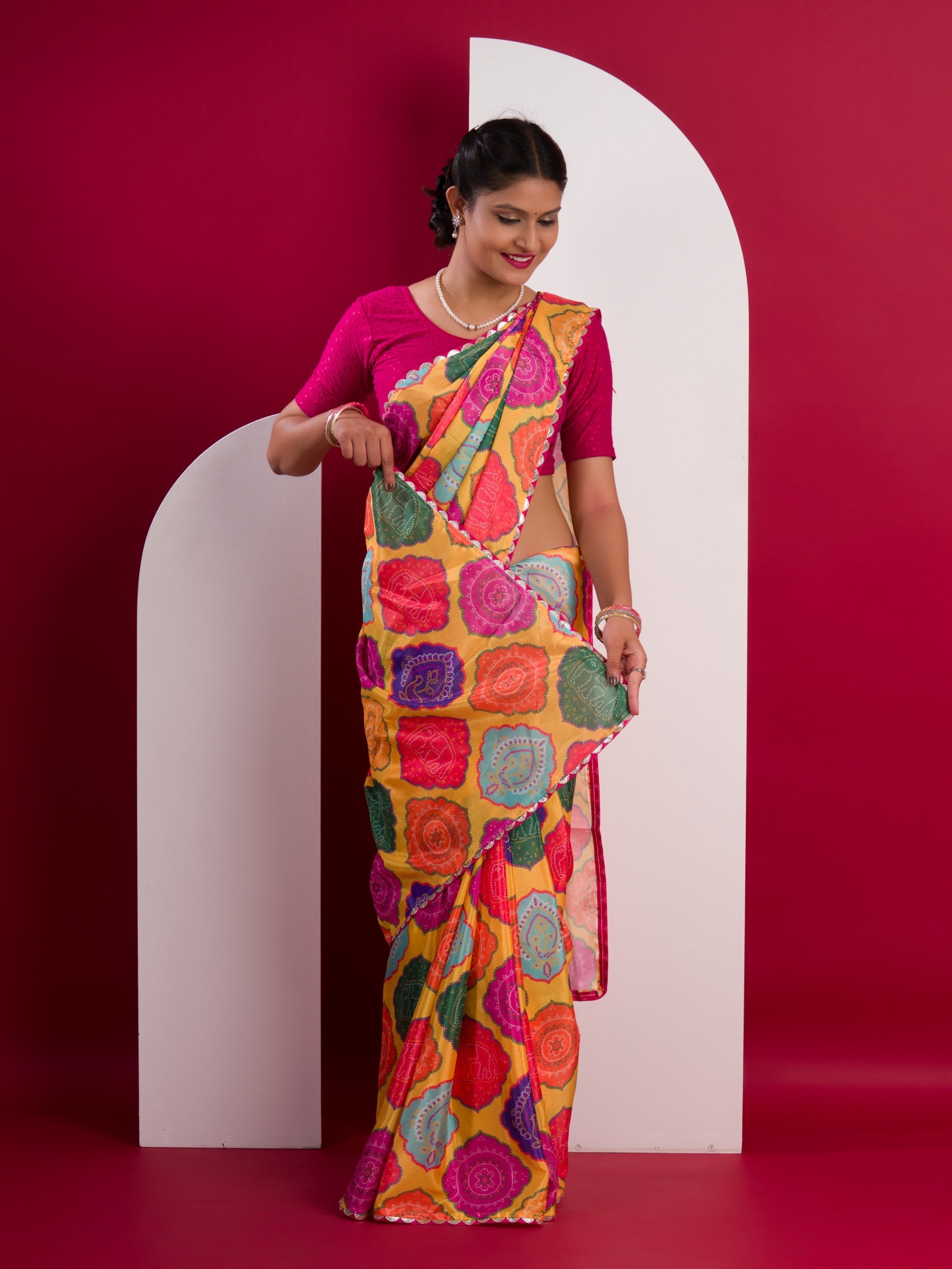 Tanmira New Arrival Crape Bandhani Multicolor Saree with Gotapatti Border