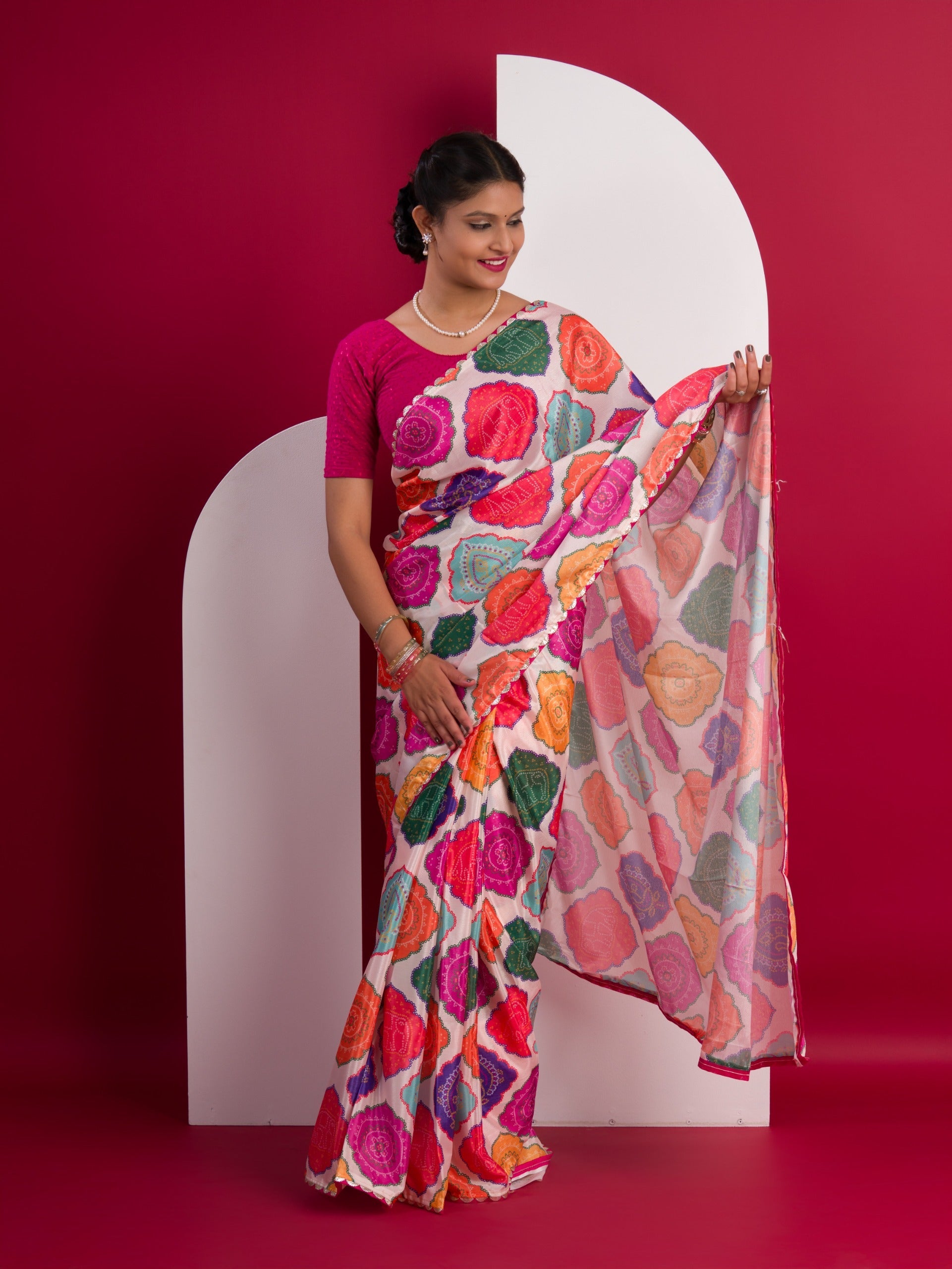 Tanmira Arrival Crape Bandhani Multicolor Saree with Gotapatti Border
