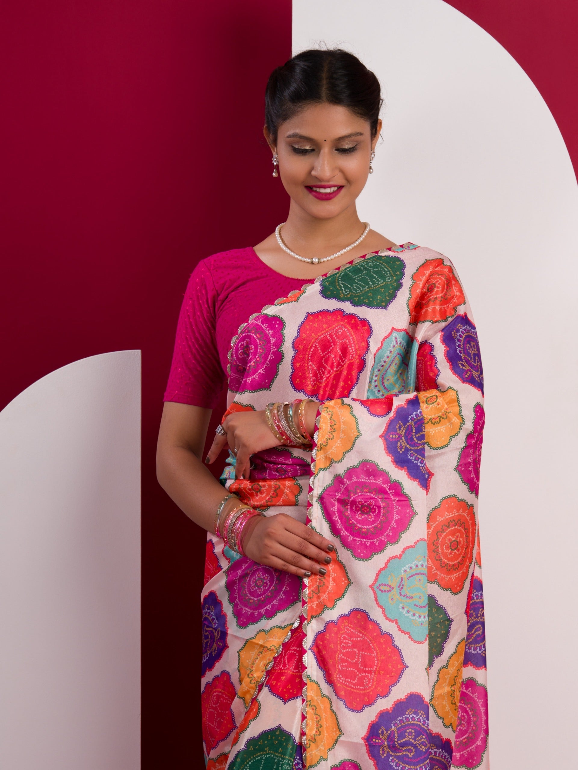 Tanmira Arrival Crape Bandhani Multicolor Saree with Gotapatti Border