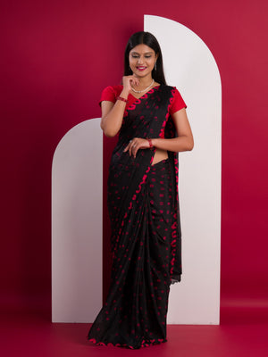 Chinon Silk Bandhani Style Saree in red and black colour under 1000