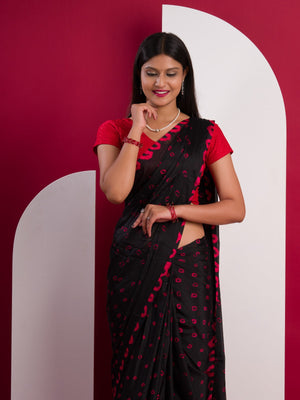 Chinon Silk Bandhani Style Saree in red and black colour under 1000