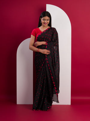 Chinon Silk Bandhani Style Saree in red and black colour under 1000