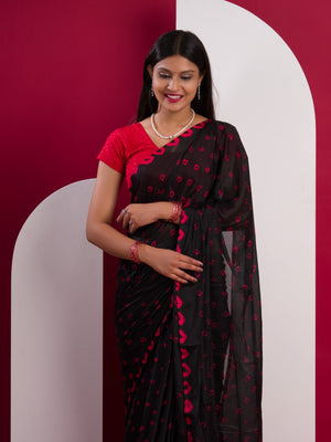 Chinon Silk Bandhani Style Saree in red and black colour under 1000