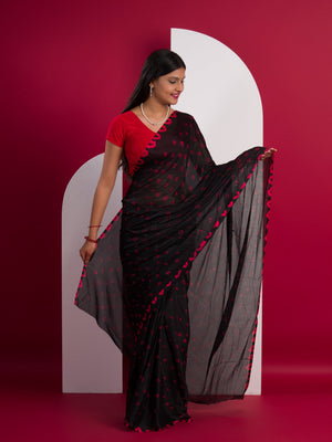 Chinon Silk Bandhani Style Saree in red and black colour under 1000