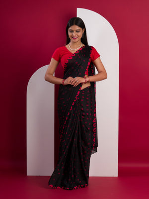Chinon Silk Bandhani Style Saree in red and black colour under 1000