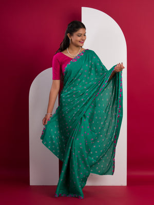 Chinon Silk Bandhani Style Saree in Rama colour under 1000