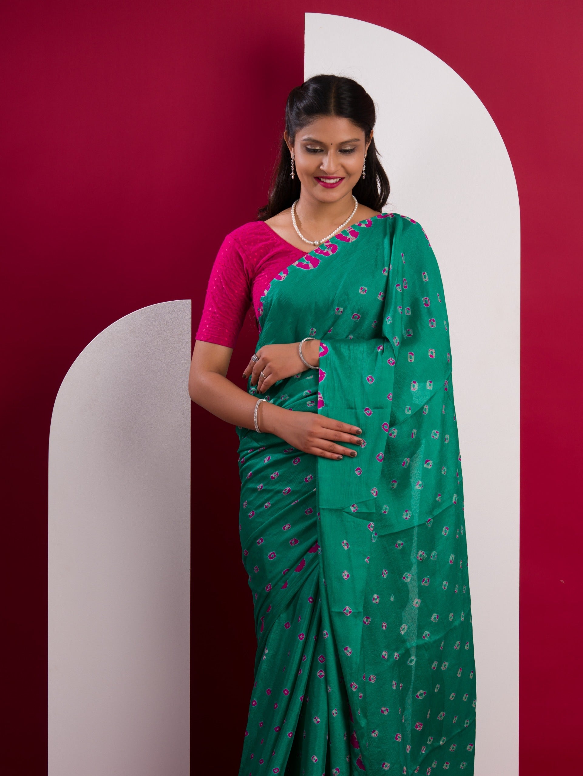 Chinon Silk Bandhani Style Saree in Rama colour under 1000