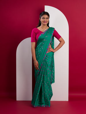 Chinon Silk Bandhani Style Saree in Rama colour under 1000