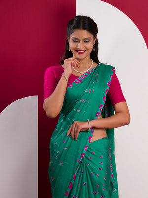 Chinon Silk Bandhani Style Saree in Rama colour under 1000