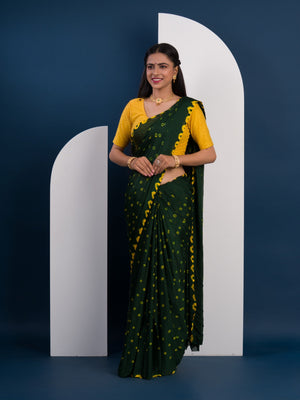 Chinon Silk Bandhani Style Saree in green and yellow colour under 1000