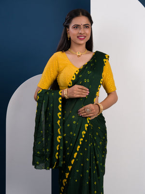 Chinon Silk Bandhani Style Saree in green and yellow colour under 1000