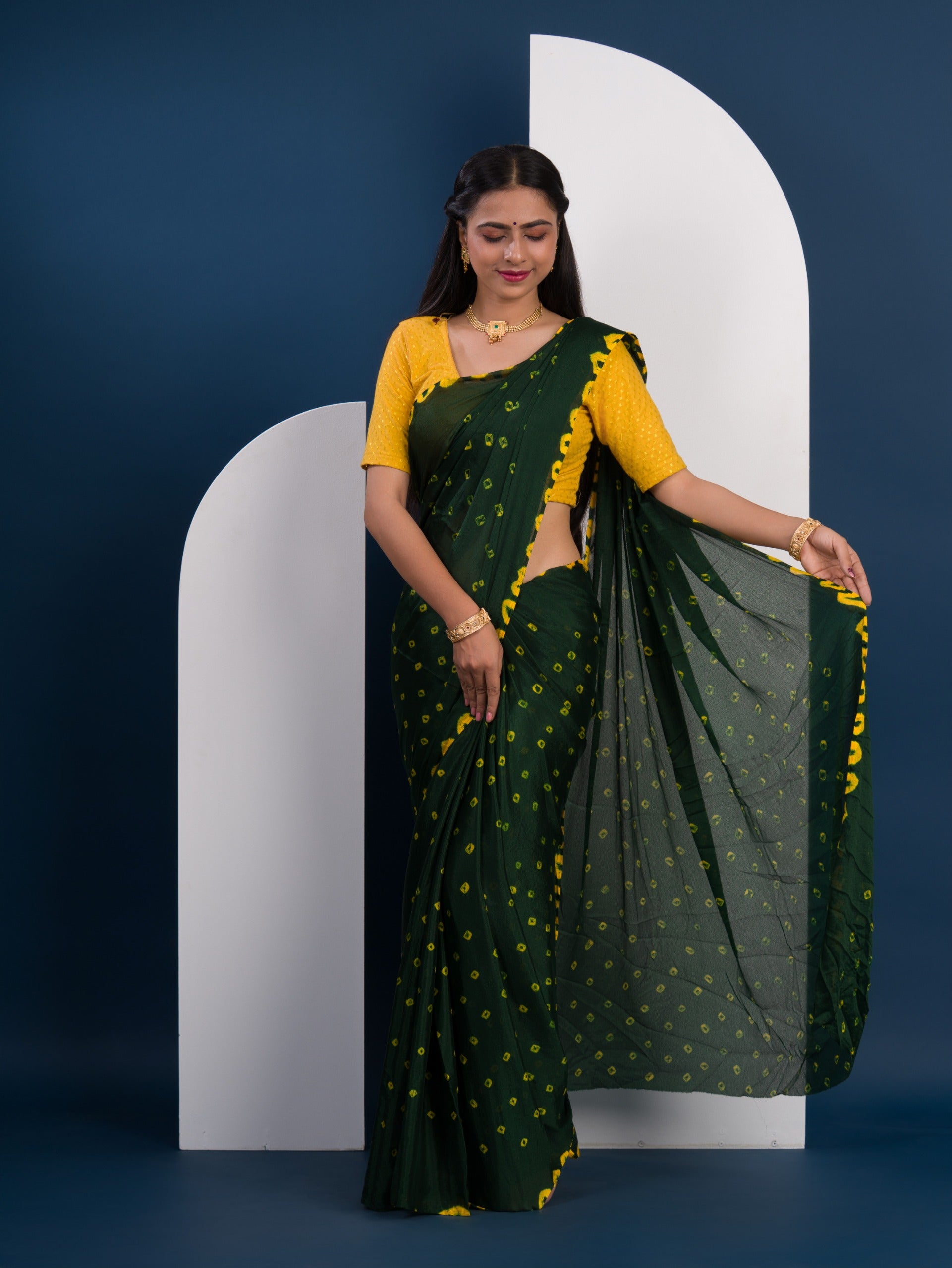 Chinon Silk Bandhani Style Saree in green and yellow colour under 1000