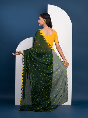 Chinon Silk Bandhani Style Saree in green and yellow colour under 1000