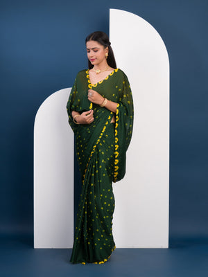 Chinon Silk Bandhani Style Saree in green and yellow colour under 1000