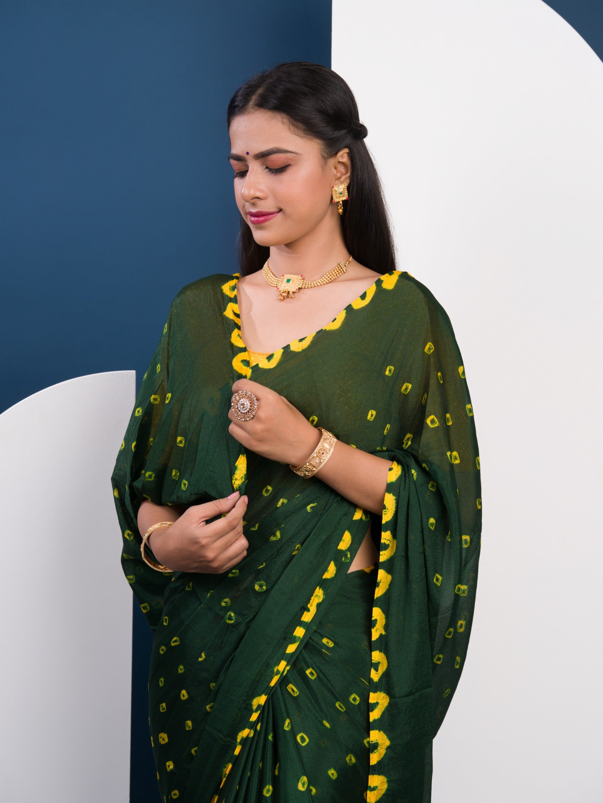 Chinon Silk Bandhani Style Saree in green and yellow colour under 1000