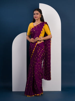 Chinon Silk Bandhani Style Saree in purple and yellow colour under 1000
