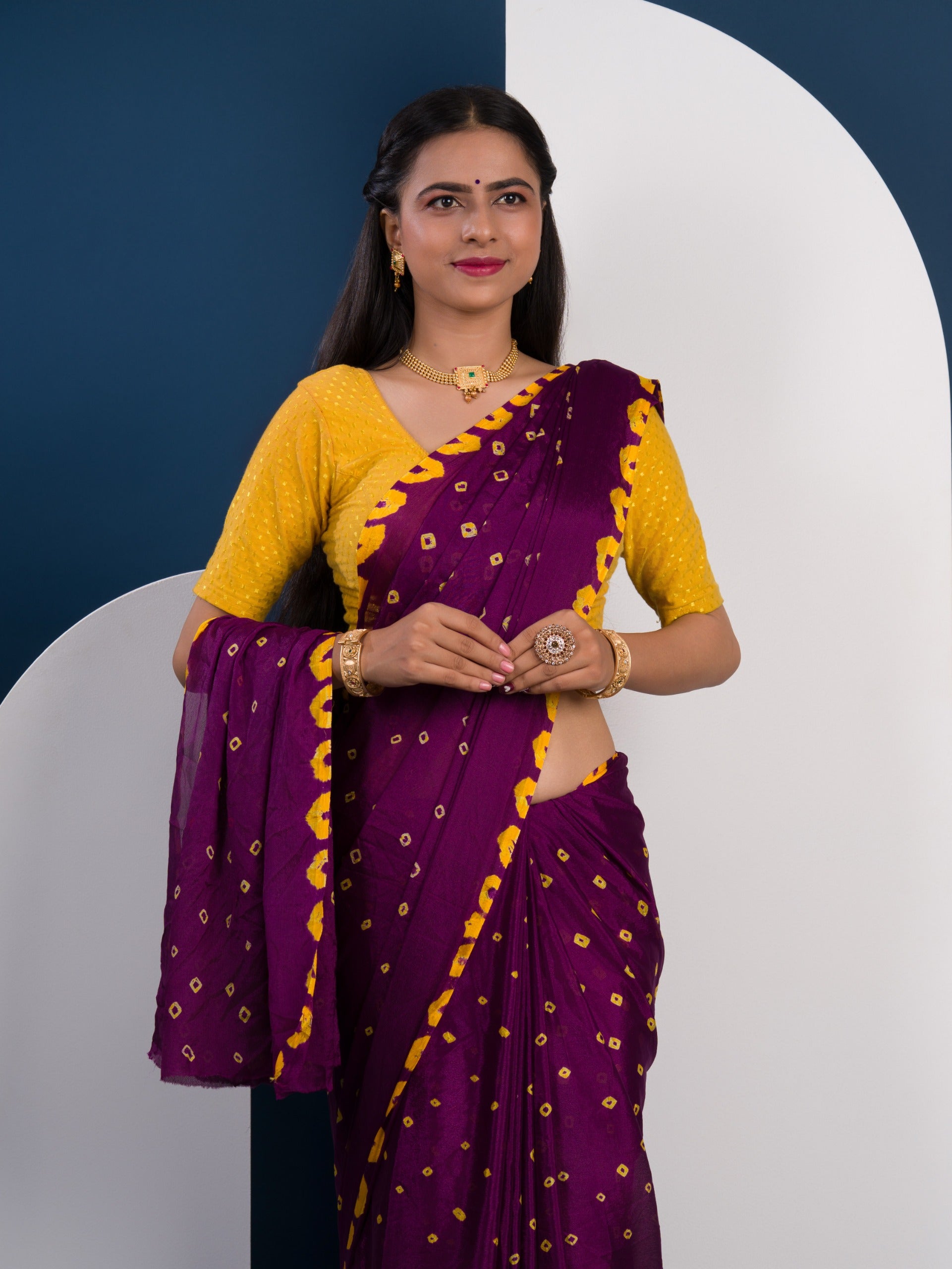 Chinon Silk Bandhani Style Saree in purple and yellow colour under 1000