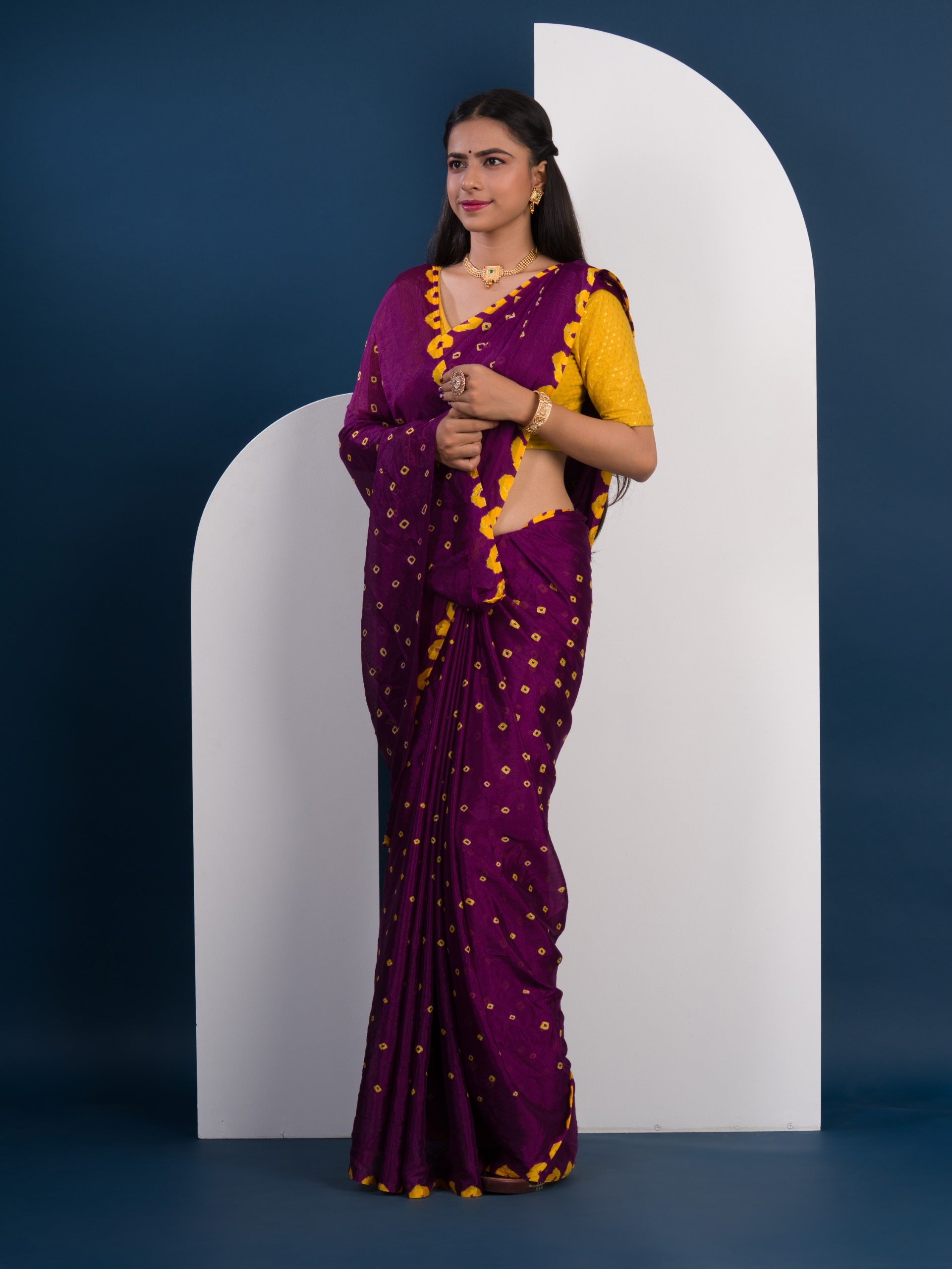 Chinon Silk Bandhani Style Saree in purple and yellow colour under 1000