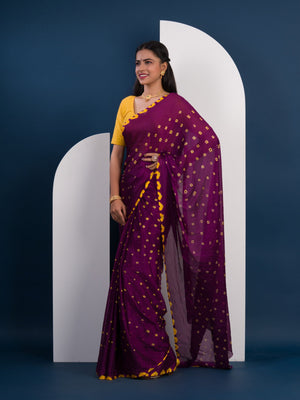 Chinon Silk Bandhani Style Saree in purple and yellow colour under 1000