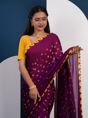 Chinon Silk Bandhani Style Saree in purple and yellow colour under 1000