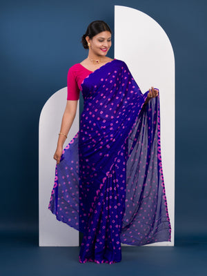 Chinon Silk Bandhani Style Saree in pink and blue colour under 1000