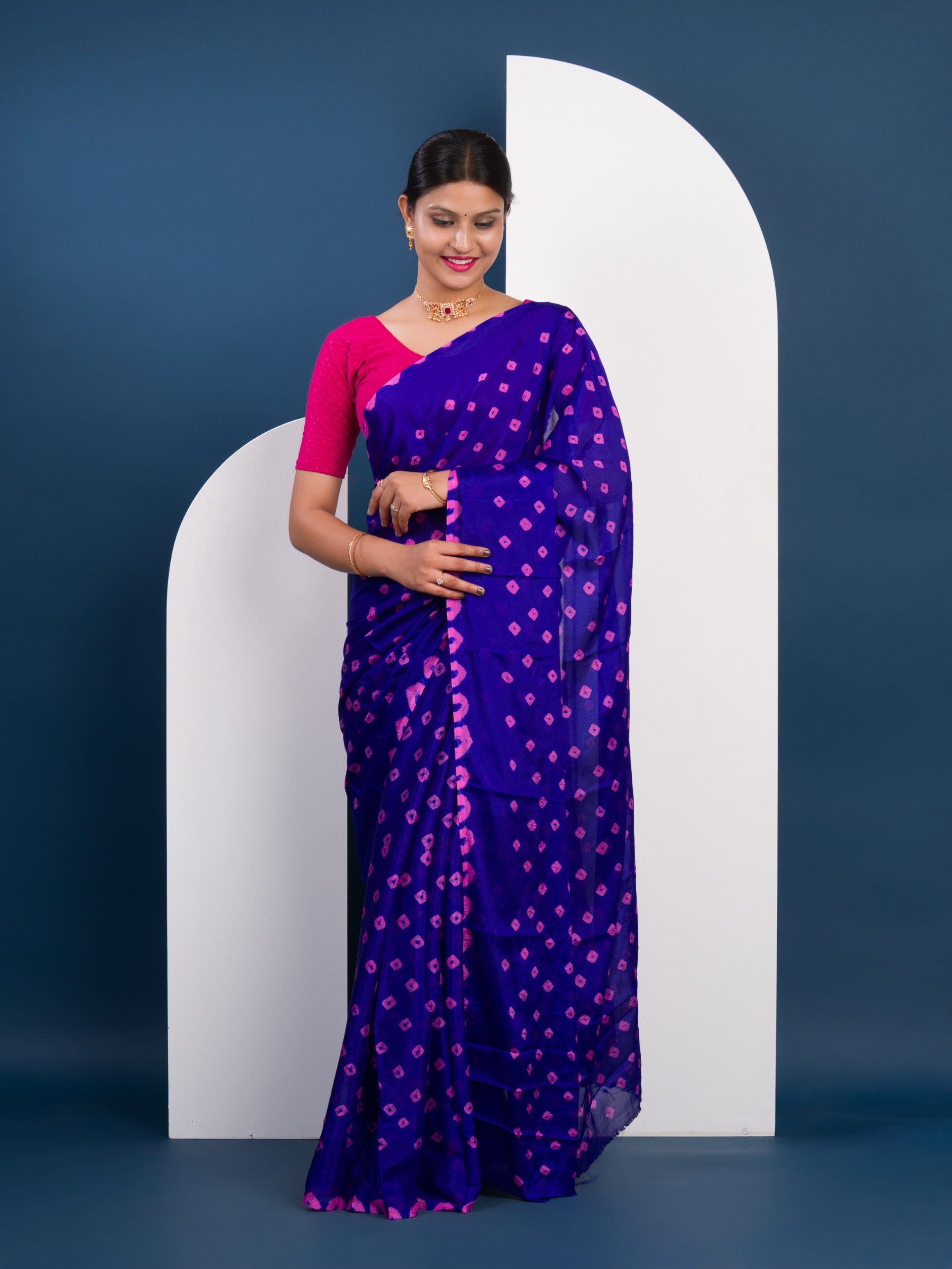 Chinon Silk Bandhani Style Saree in pink and blue colour under 1000