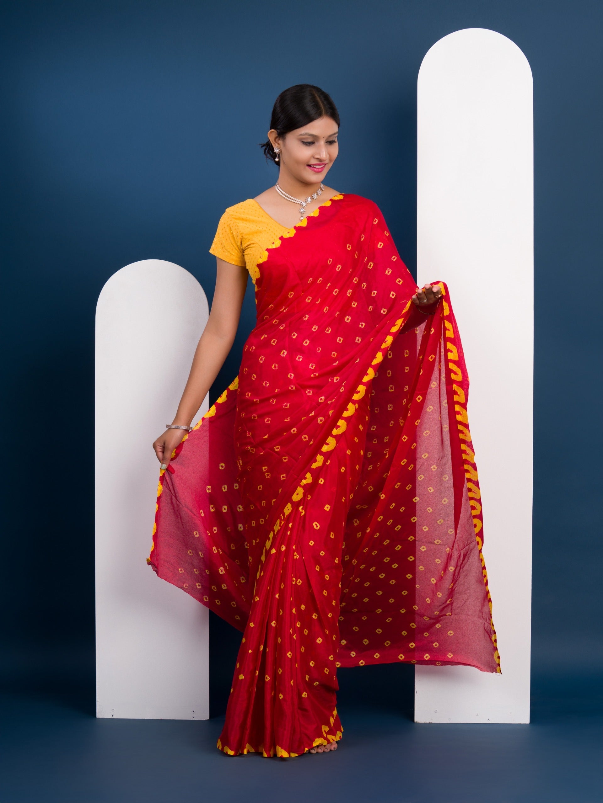 Chinon Silk Bandhani Style Saree in red and yellow colour under 1000