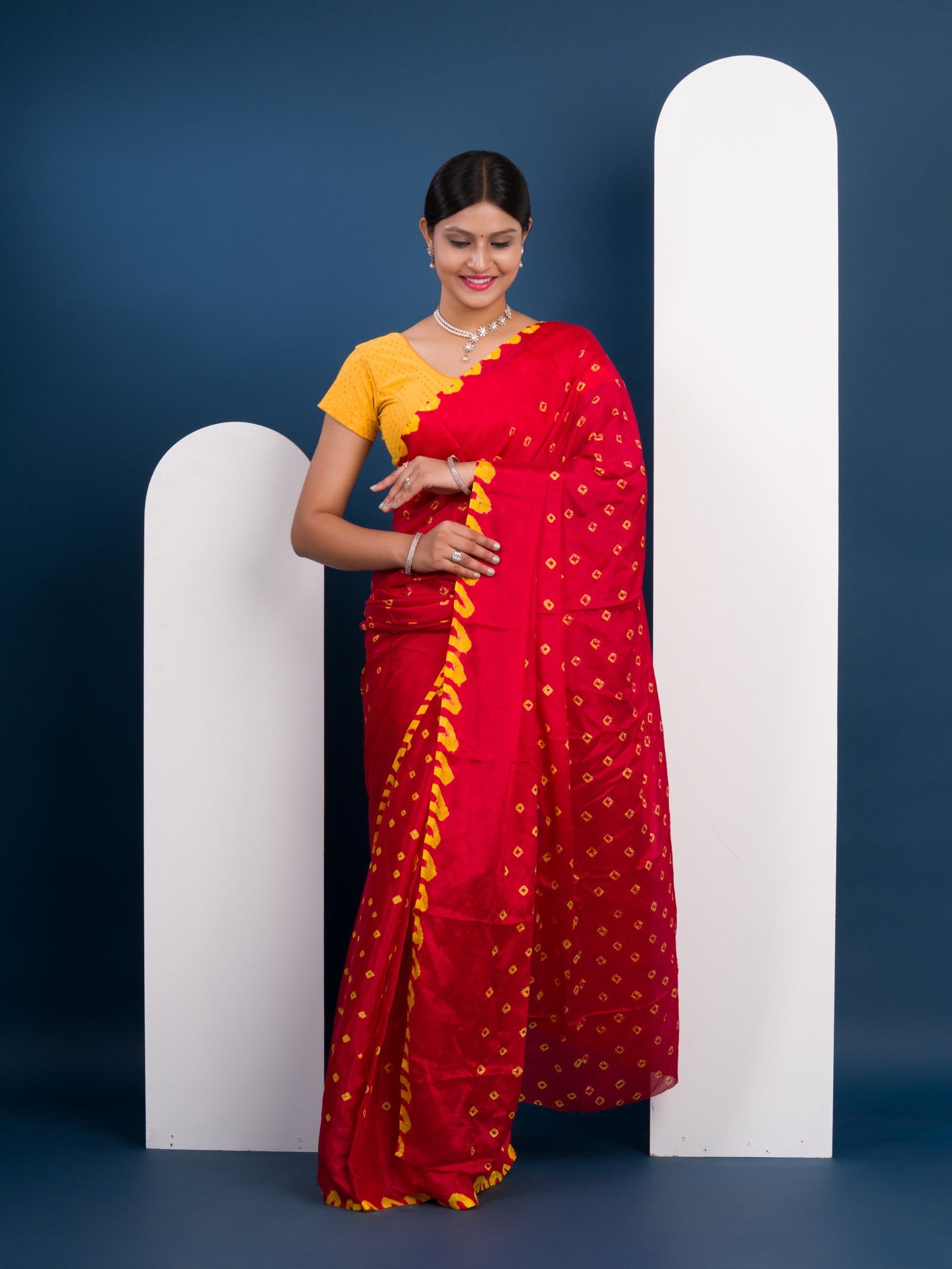 Chinon Silk Bandhani Style Saree in red and yellow colour under 1000