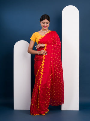 Chinon Silk Bandhani Style Saree in red and yellow colour under 1000
