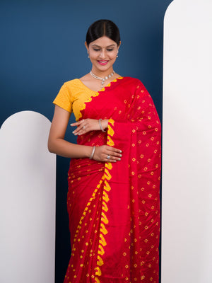 Chinon Silk Bandhani Style Saree in red and yellow colour under 1000