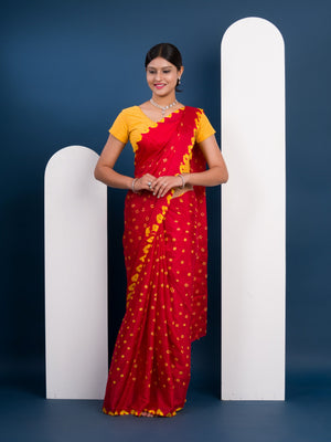 Chinon Silk Bandhani Style Saree in red and yellow colour under 1000