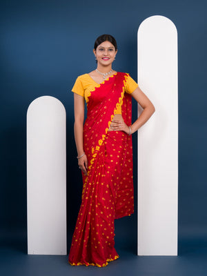 Chinon Silk Bandhani Style Saree in red and yellow colour under 1000
