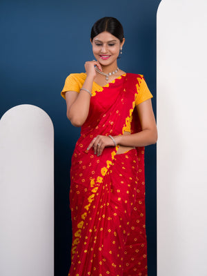 Chinon Silk Bandhani Style Saree in red and yellow colour under 1000