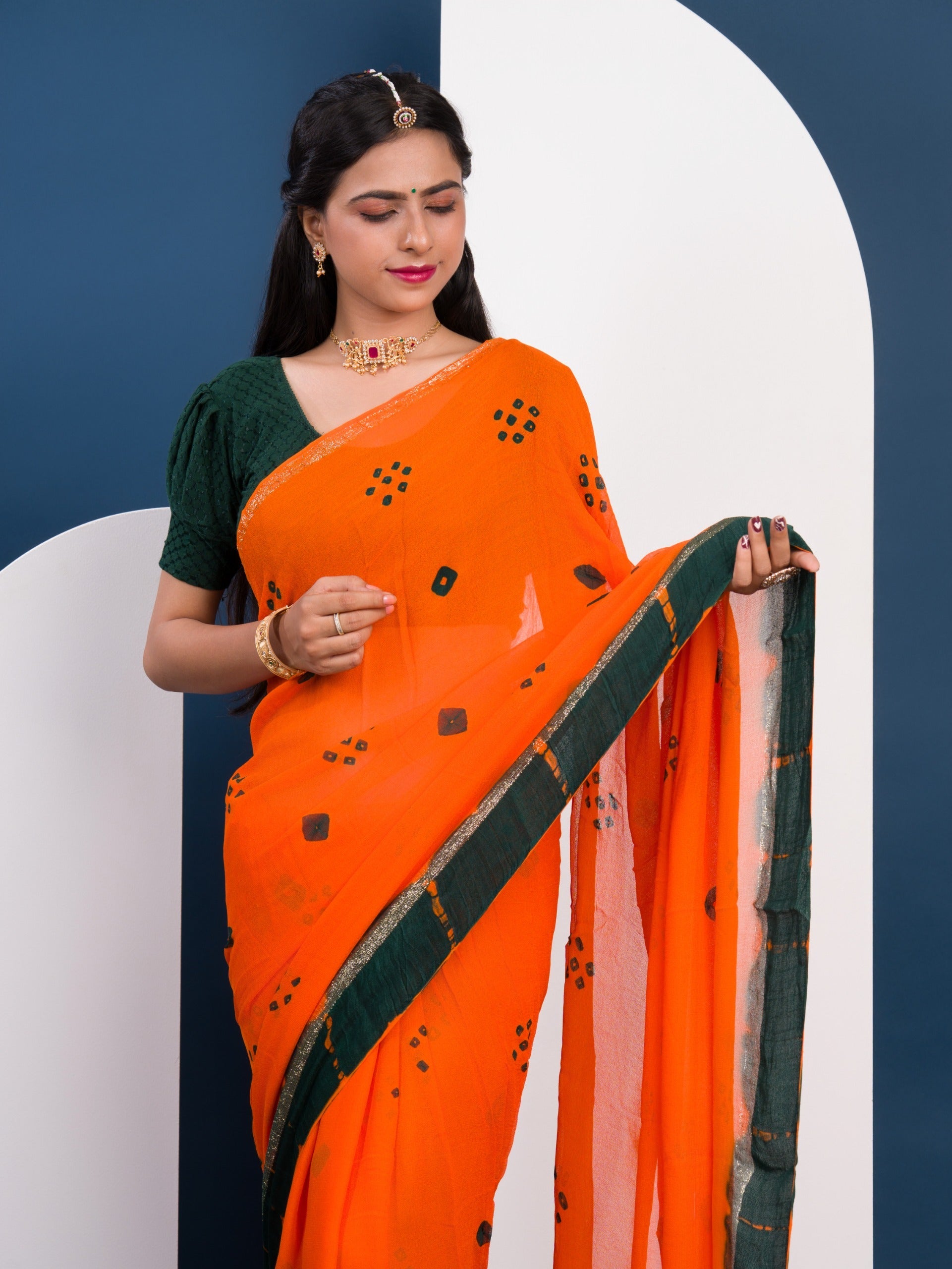 Tanmira New Launch Pure Georgette Gulti Bandhej Satin Patta Border Saree RTK