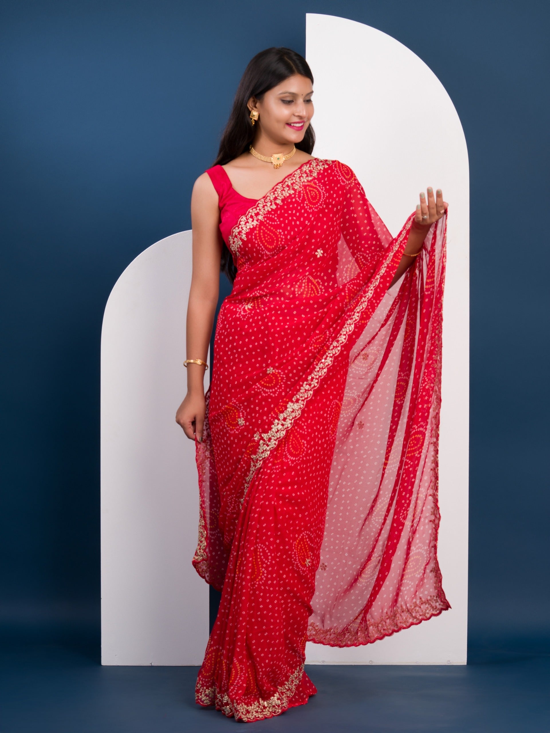 Handmade Pitta Aari Work saree in red colour